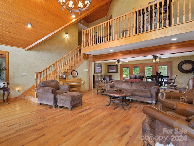 living room featuring crown molding, high vaulted ceiling, wood ceiling, an inviting chandelier, and light hardwood / wood-style flooring