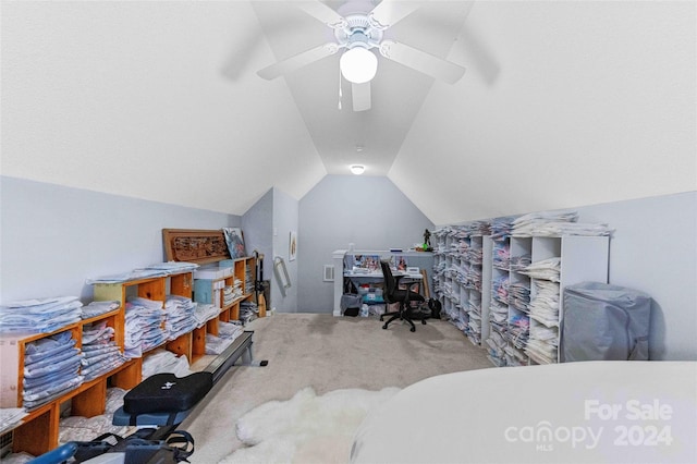 office area with ceiling fan and lofted ceiling