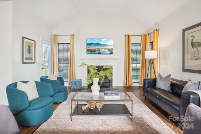 living room with lofted ceiling and hardwood / wood-style flooring