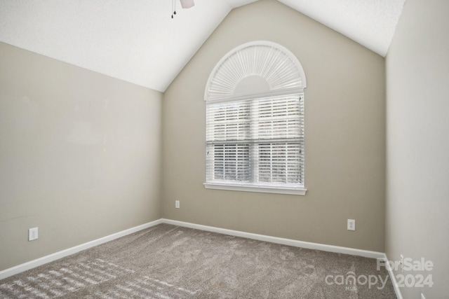 empty room with carpet floors, lofted ceiling, and ceiling fan