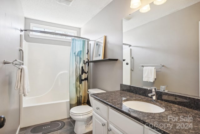 full bathroom with shower / tub combo, a textured ceiling, vanity, tile patterned floors, and toilet