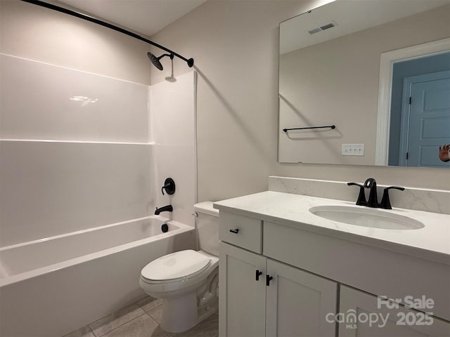 bathroom with toilet, vanity, visible vents, and bathing tub / shower combination