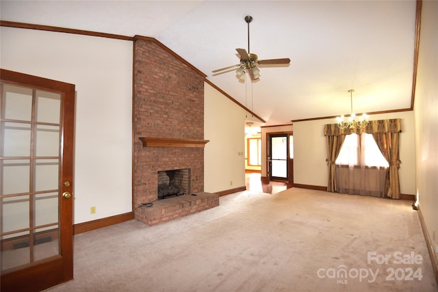 unfurnished living room featuring ceiling fan with notable chandelier, light colored carpet, lofted ceiling, and a brick fireplace