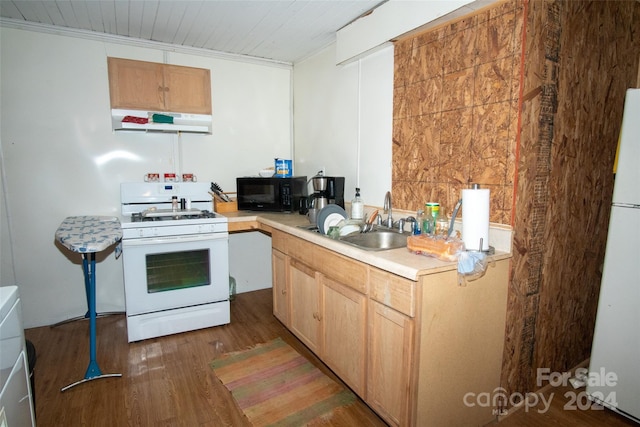 kitchen with ornamental molding, white appliances, sink, and dark hardwood / wood-style floors