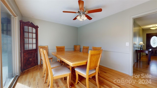 dining area with ceiling fan and light wood-type flooring