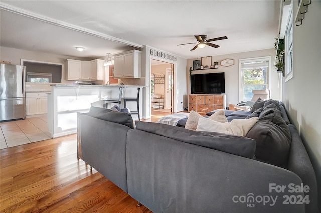 living room featuring ceiling fan and light hardwood / wood-style flooring