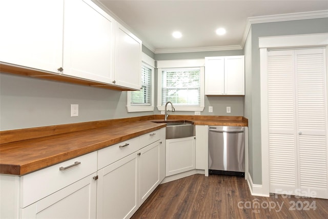 kitchen featuring dishwasher, butcher block countertops, and dark wood-type flooring