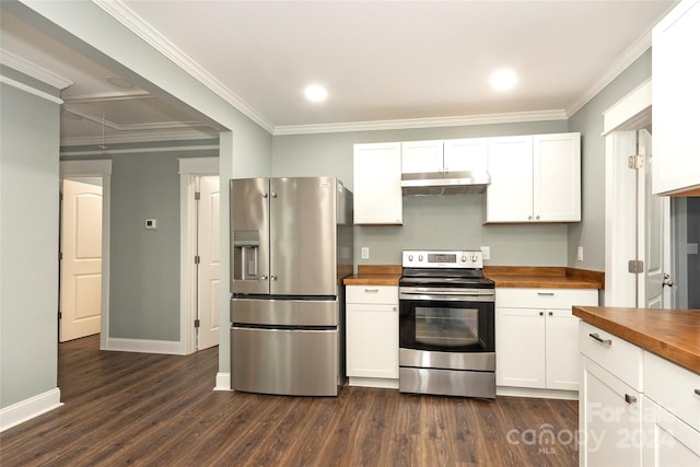 kitchen featuring dark wood-type flooring, wooden counters, appliances with stainless steel finishes, and white cabinets