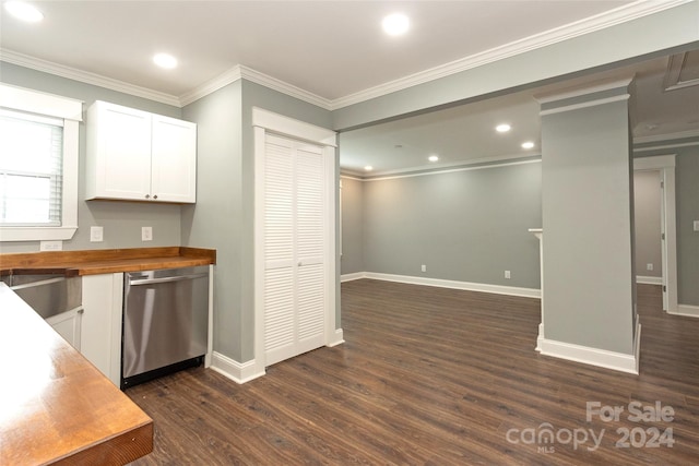 kitchen featuring wooden counters, white cabinetry, stainless steel dishwasher, and dark hardwood / wood-style floors