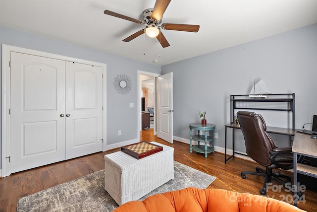 office space with ceiling fan and dark hardwood / wood-style floors