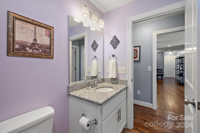 bathroom featuring vanity, toilet, and hardwood / wood-style flooring