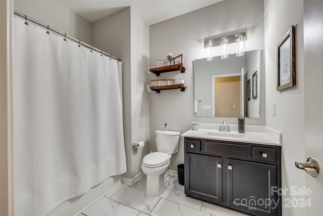 full bathroom with toilet, shower / tub combo with curtain, and vanity