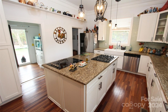 2034 Haileys Ferry Rd, Lilesville, NC 28091 - kitchen with stainless steel appliances, dark wood-style floors, ornamental molding, a sink, and glass insert cabinets