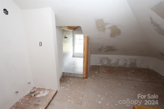 bathroom featuring lofted ceiling