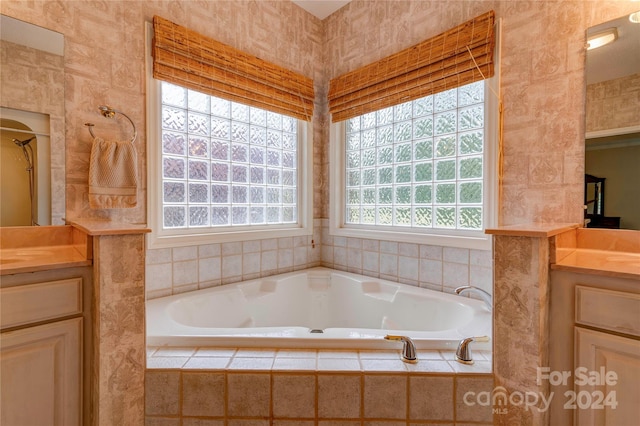 bathroom featuring vanity, a healthy amount of sunlight, and tiled tub