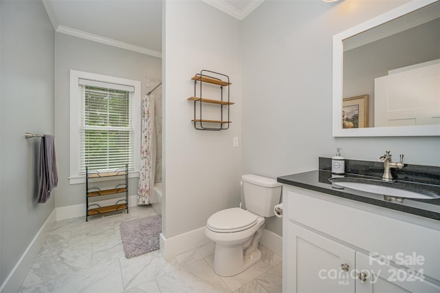 full bathroom with toilet, shower / bath combo with shower curtain, vanity, and ornamental molding