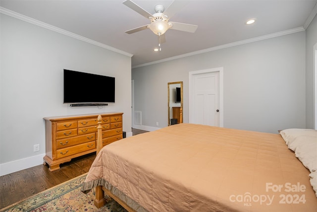 bedroom featuring crown molding, ceiling fan, and dark wood-type flooring