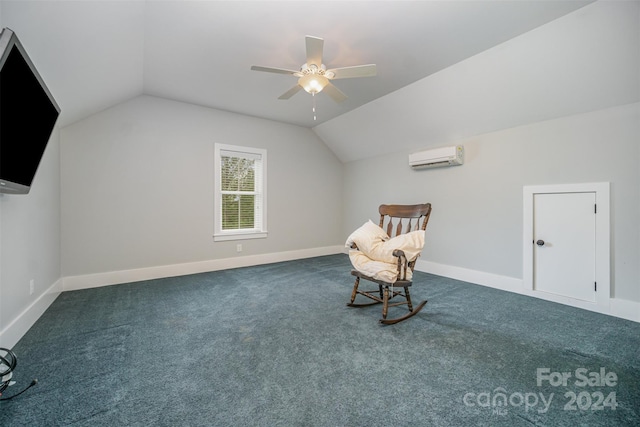 unfurnished room featuring a wall unit AC, ceiling fan, carpet, and lofted ceiling