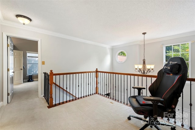 living area with ornamental molding, a textured ceiling, light carpet, and a chandelier