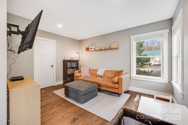 living room with dark hardwood / wood-style flooring