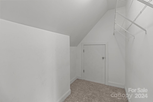 spacious closet featuring light colored carpet and vaulted ceiling