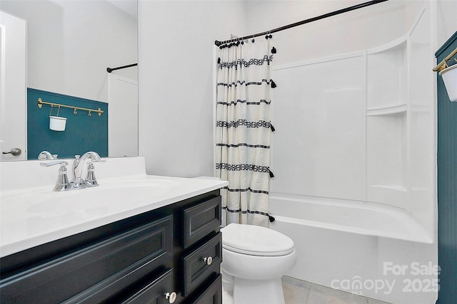 full bathroom featuring vanity, tile patterned floors, toilet, and shower / bathtub combination with curtain