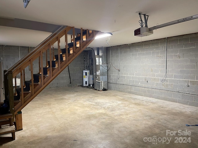 basement with electric water heater and heating unit