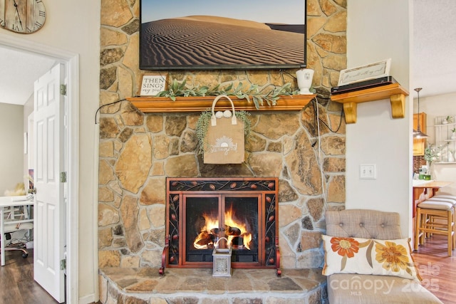 details with wood-type flooring and a fireplace