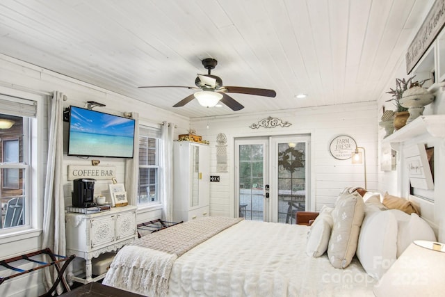 bedroom with wooden ceiling, access to exterior, ceiling fan, and french doors