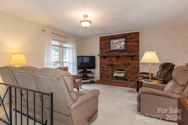 carpeted living room with a fireplace