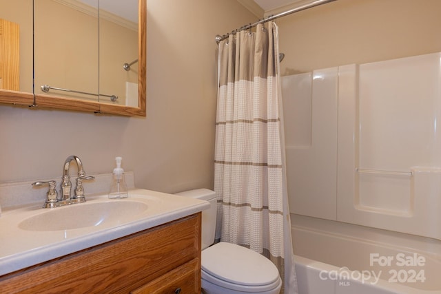 full bathroom with vanity, shower / bathtub combination with curtain, crown molding, and toilet