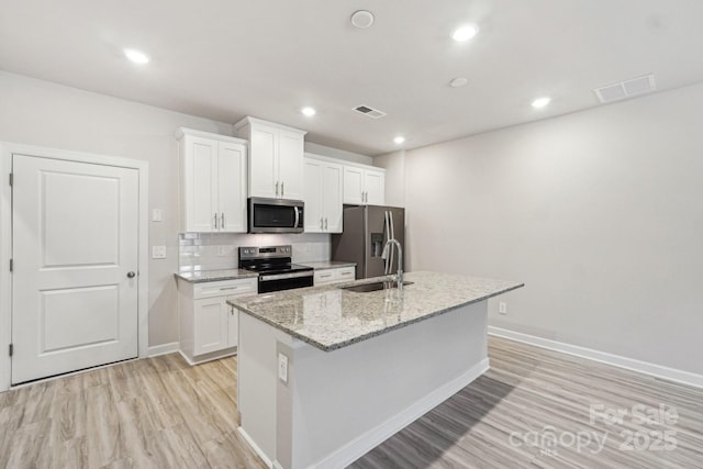 kitchen featuring white cabinetry, stainless steel appliances, sink, and a center island with sink