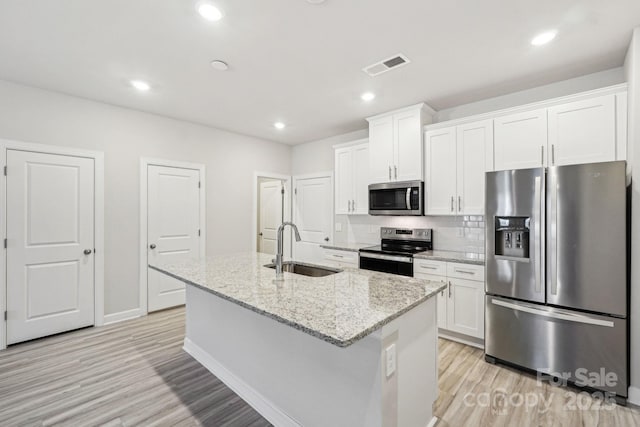 kitchen featuring sink, light stone counters, stainless steel appliances, a kitchen island with sink, and white cabinets