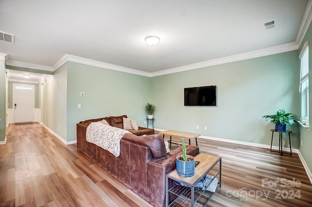 living room featuring light wood-type flooring and crown molding