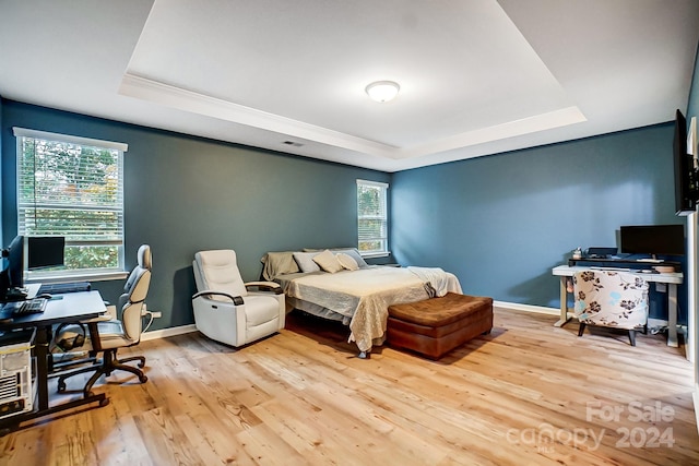 bedroom featuring light hardwood / wood-style flooring and a raised ceiling