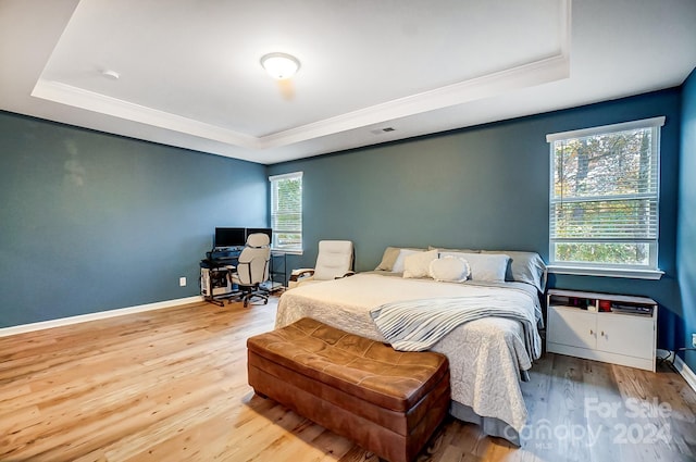 bedroom with light hardwood / wood-style floors and a raised ceiling