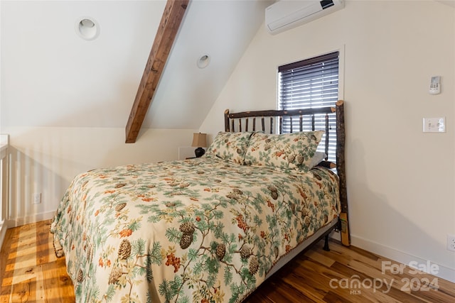 bedroom with dark hardwood / wood-style flooring, lofted ceiling with beams, and a wall unit AC