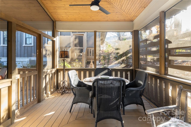 sunroom / solarium with ceiling fan, plenty of natural light, and wood ceiling