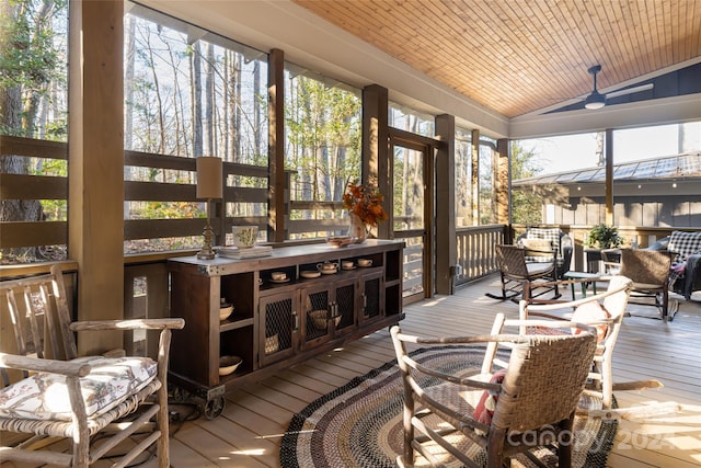 sunroom featuring vaulted ceiling, ceiling fan, and wooden ceiling