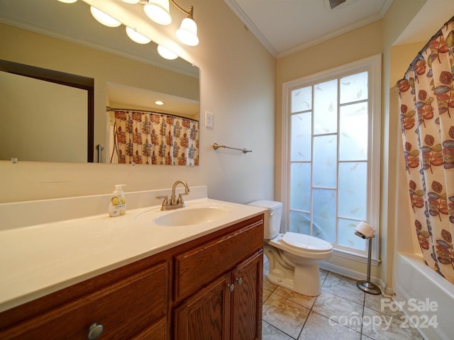 full bathroom with vanity, tile patterned floors, toilet, ornamental molding, and shower / bathtub combination with curtain