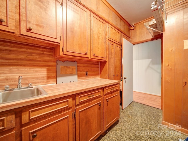 kitchen featuring wooden walls and sink