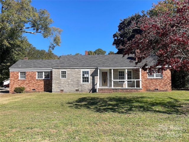 223 Chester Ave, Great Falls, SC 29055 - ranch-style house featuring crawl space, a front yard, a porch, and brick siding