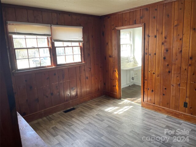 223 Chester Ave, Great Falls, SC 29055 - unfurnished room with wood finished floors, wooden walls, baseboards, and a sink