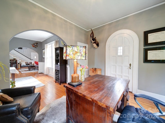 1116 E Franklin Blvd, Gastonia, NC 28054 - home office with arched walkways, ornamental molding, and light wood finished floors
