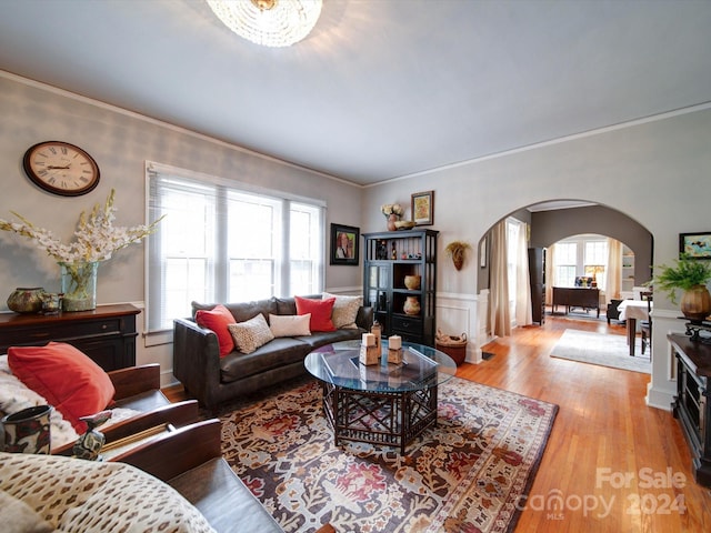 living room featuring light hardwood / wood-style floors, a healthy amount of sunlight, and crown molding