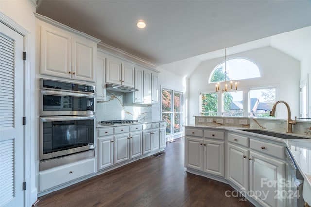 kitchen with white cabinets, sink, lofted ceiling, dark hardwood / wood-style floors, and stainless steel appliances