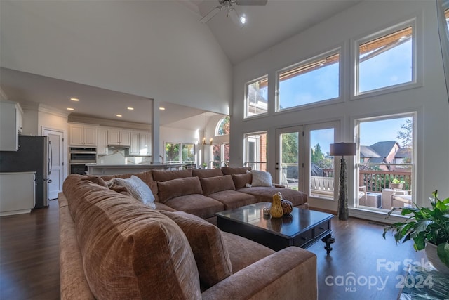 living room featuring ceiling fan with notable chandelier, high vaulted ceiling, and dark wood-type flooring