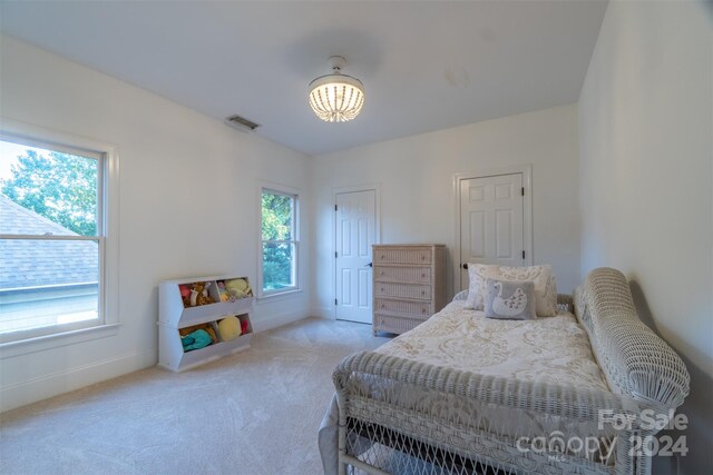 bedroom with light carpet and multiple windows