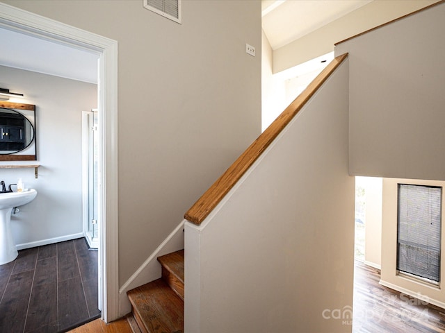 staircase with wood-type flooring