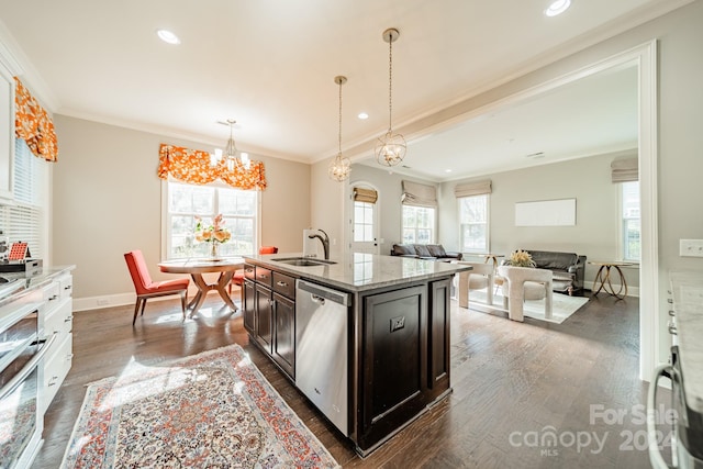 kitchen featuring dark brown cabinetry, dark hardwood / wood-style flooring, stainless steel dishwasher, a kitchen island with sink, and ornamental molding